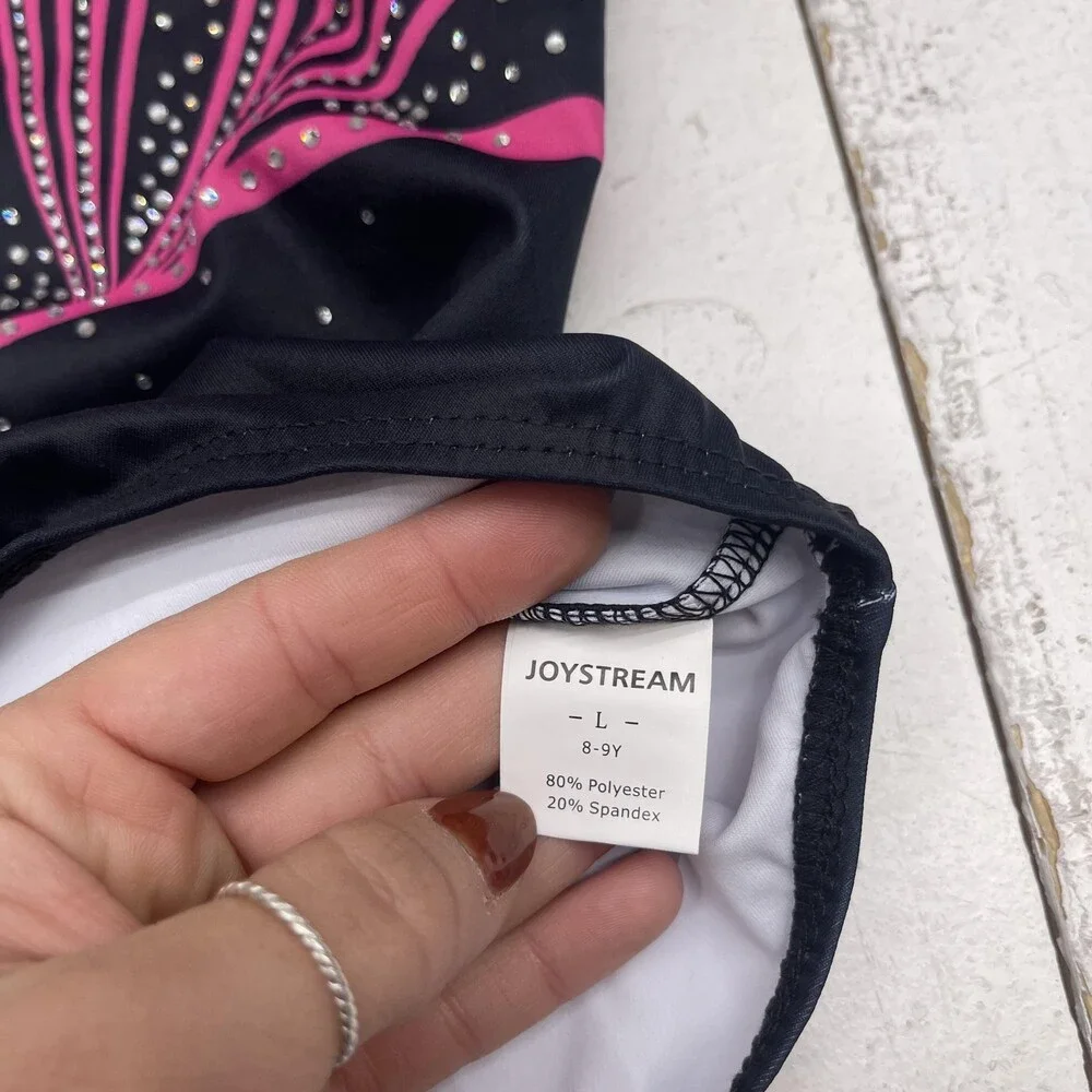 Joystream Gymnastics Leotard Set Girls Large 8-9 Black Pink Rhinestone Shorts